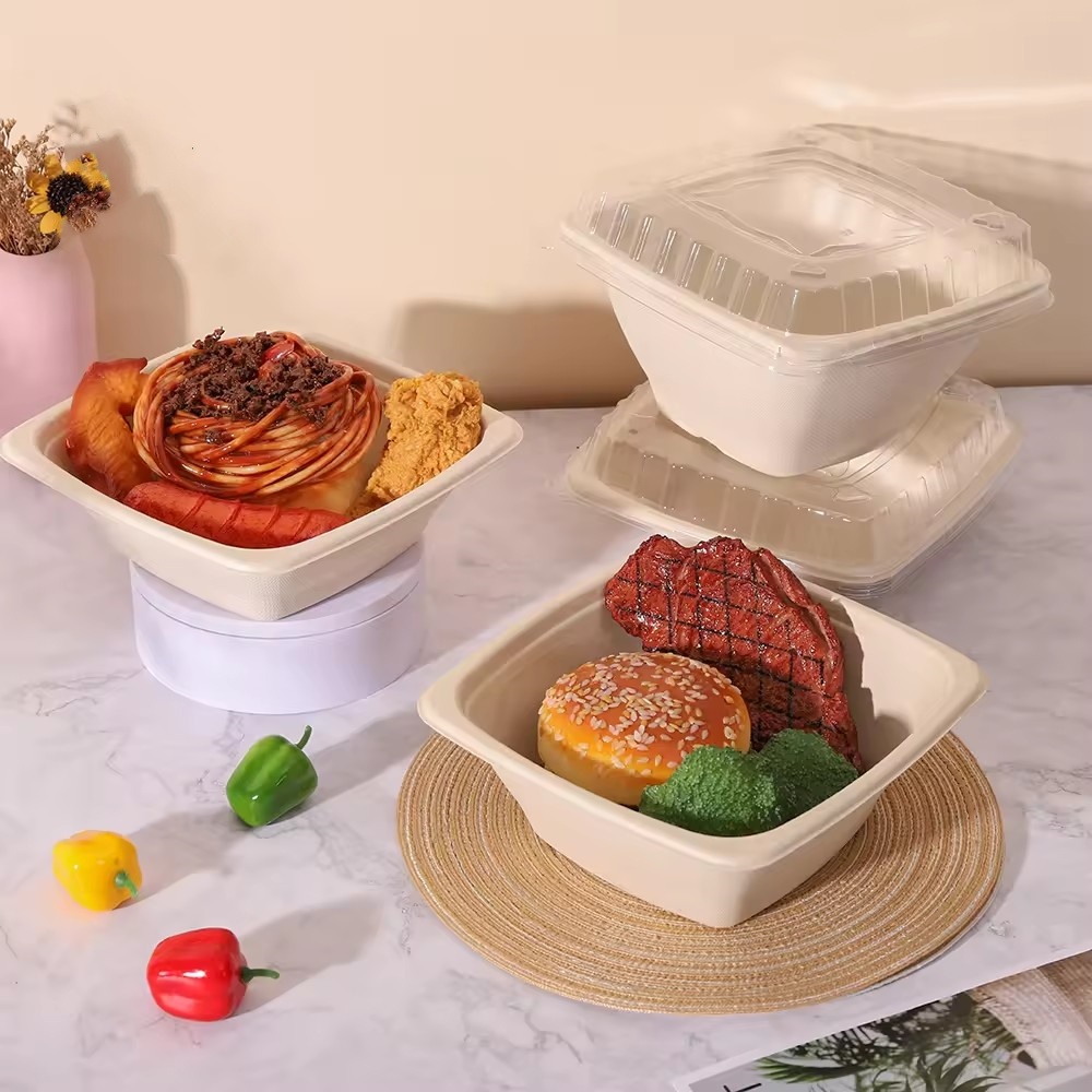 Microwaveable Bagasse Square Bowl Eco Friendly Sugarcane High Duty Disposable Square Bowl With PET Lid